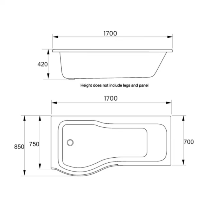 Titan 1700mm P Shape Shower Bath Full Screen Left or Right Hand - Image 3