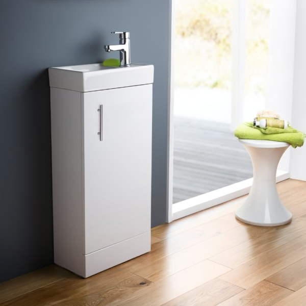 Compact Floor Standing Vanity Unit with Basin 400mm Wide - Gloss White - Image 2