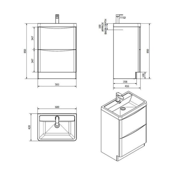 Alto Matt Grey 1100mm Floorstanding Furniture Pack With Basin - Image 8