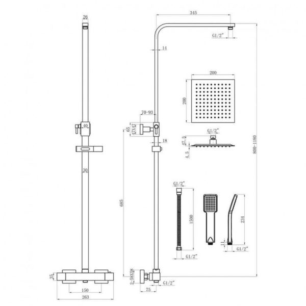 Sognare Neptune Square Black Thermostatic Shower and Riser Kit - Image 2