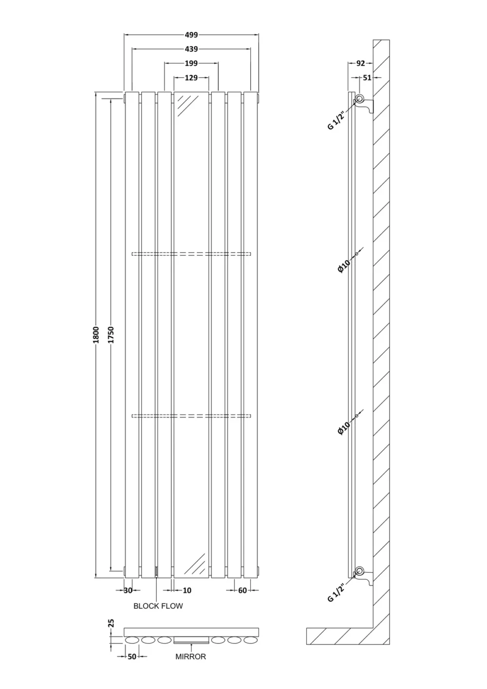 Hudson Reed 1800mm x 499mm Designer Radiator With Mirror HLA78 - Image 4