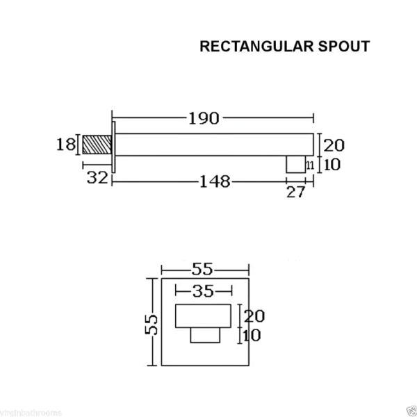 Rectangular Square Wall Mounted Bath Filler Spout - Chrome - Image 2