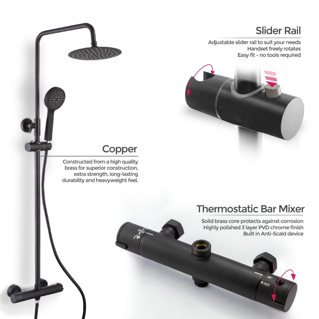 Sognare Mercury Matt Black Thermostatic Round Drench Shower - Image 3