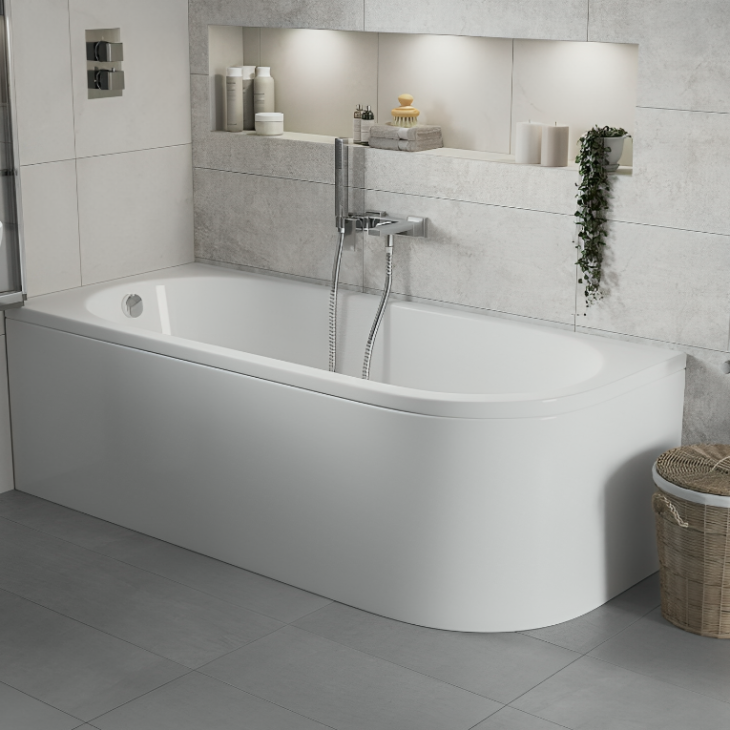 J-Shaped Single Ended Bath + Curved Panel 1700mm x 725mm - Image 2