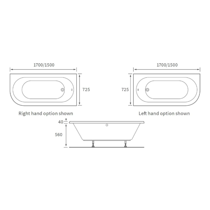 J-Shaped Single Ended Bath + Curved Panel 1700mm x 725mm - Image 3