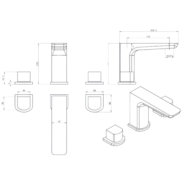 Sognare Muro Three Hole Basin Tap - Chrome - Image 2