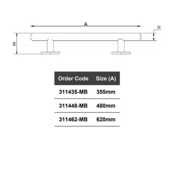 NYMAS 355MM Matt Black Curved Grab Rail - Image 2