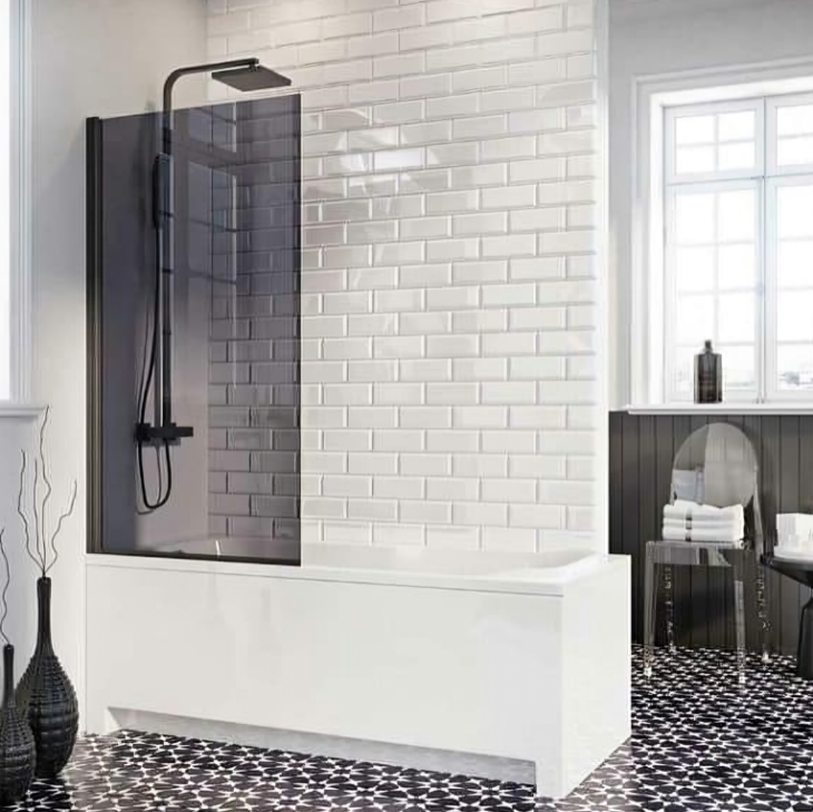 Matt Black Mono 6mm Smoked Black Glass Hinged Bath Screen