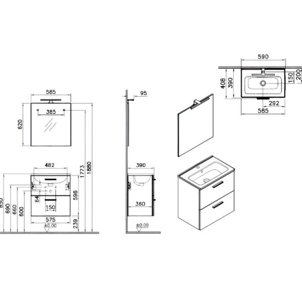 Vitra Mia 600MM Gloss White Vanity Unit & Mirror - Image 3