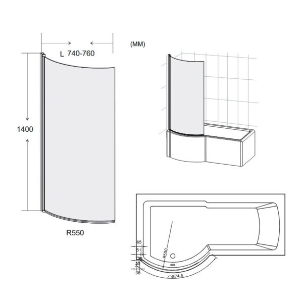 P Shaped Curved Shower Bath Screen - Image 4