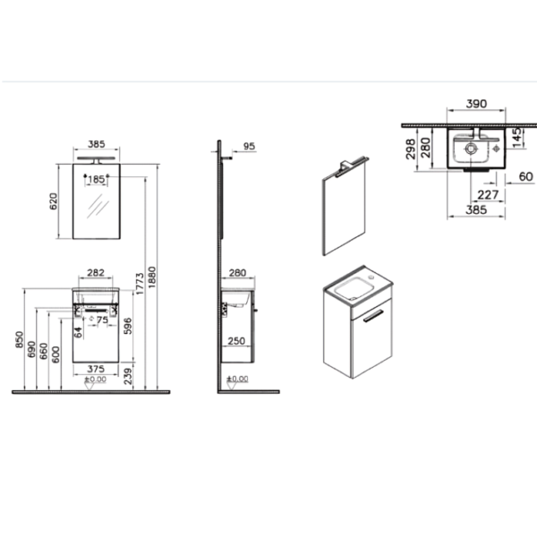 400MM Vitra Mia Gloss White Vanity Unit & Mirror Wall Mounted - Image 3