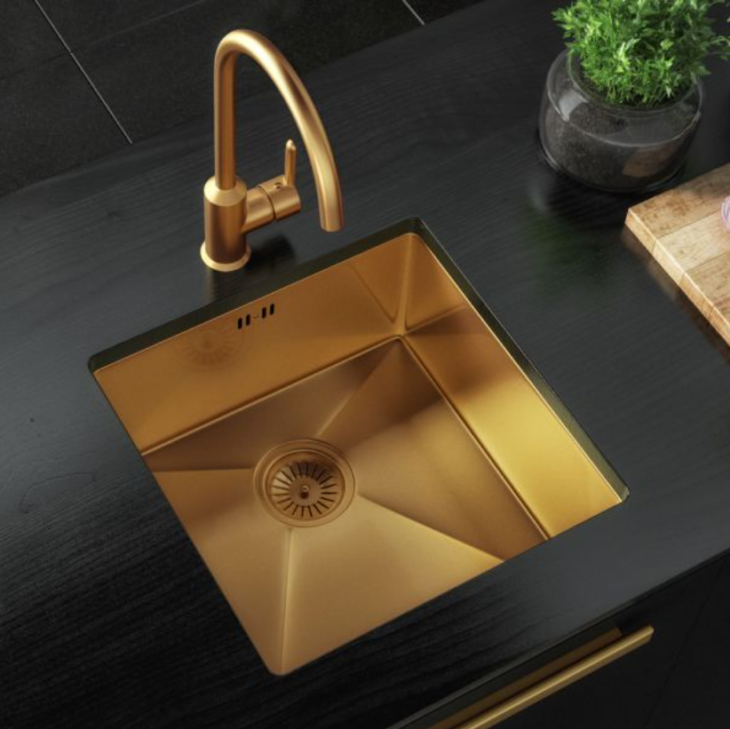 Ellsi Elite Brushed Gold Undermounted Or Inset Kitchen Sink Square 440mm With Waste - Image 2