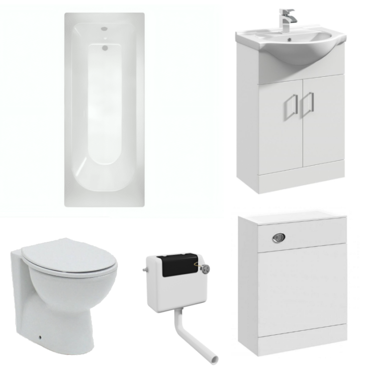 Complete Bathroom Suite - 1600mm Bath, White Furniture, Toilet & Basin - Yes