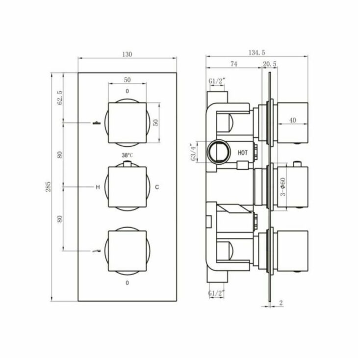 Square 2 Way Shower Valve Chrome 3 Dials - Image 2