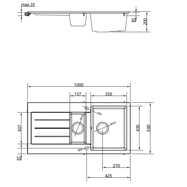 Ellsi Comite 1.5 Bowl Inset 1000 x 500 Matt Black Reversible Kitchen Sink - Image 4