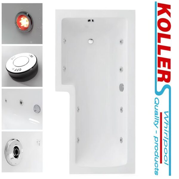Koller 1800 L Shape Whirlpool Bath, Screen And Front Panel 6-8-11 Jets & Lights