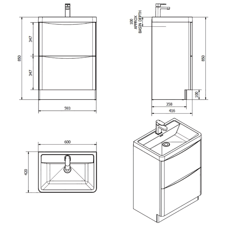 Bali Floor Standing Vanity Unit 600mm - Anthracite - Image 3