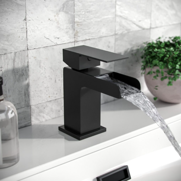 Modern Waterfall Mono Square Mixer Tap - Matt Black - Image 2