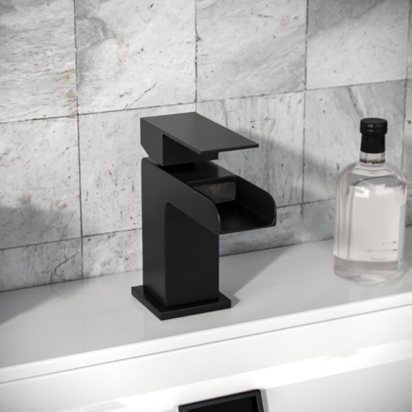 Modern Waterfall Mono Square Mixer Tap - Matt Black - Image 3