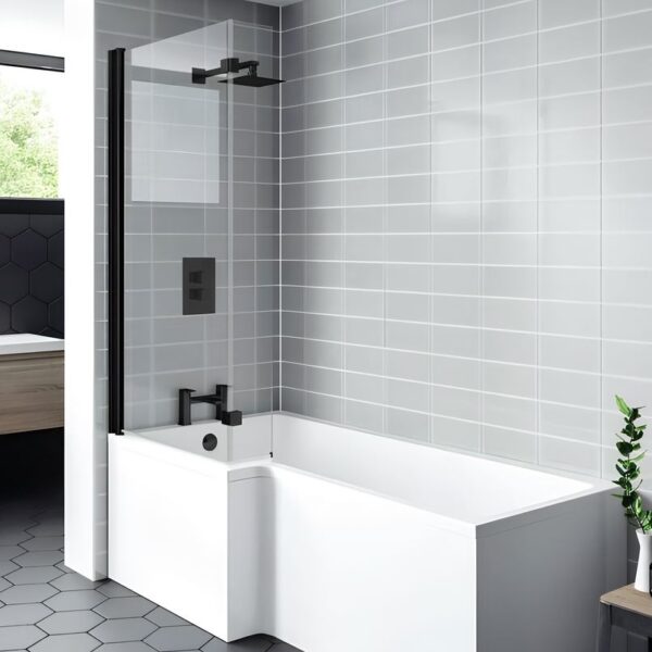 L Shape Bath Screen With Matt Black Profile - Image 2