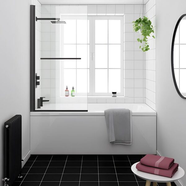 Matt Black Hinged Bath Screen With Towel Rail