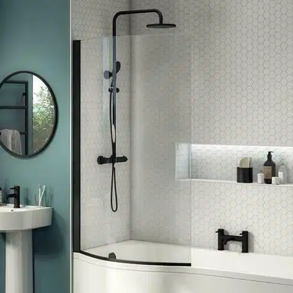 Matt Black P Shaped Hinged Bath Screen