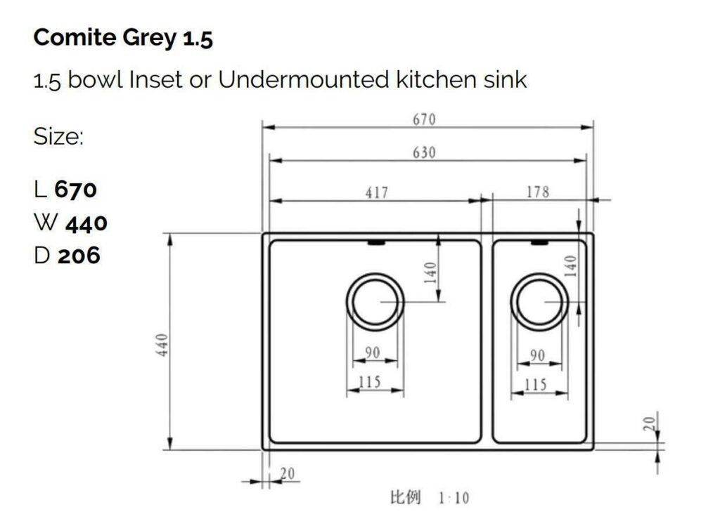 Ellsi Comite 1.5 Undermounted-Inset Sink 670x440x200 Matt Grey Kitchen Sink - Image 4