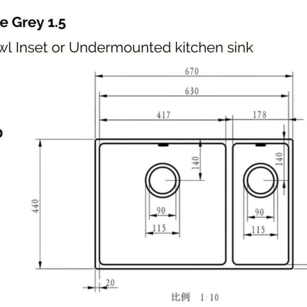 Ellsi Comite 1.5 Undermounted-Inset Sink 670x440x200 Matt Grey Kitchen Sink - Image 4