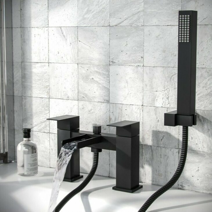 Modern Square Waterfall Bath Shower Mixer - Matt Black - Image 2