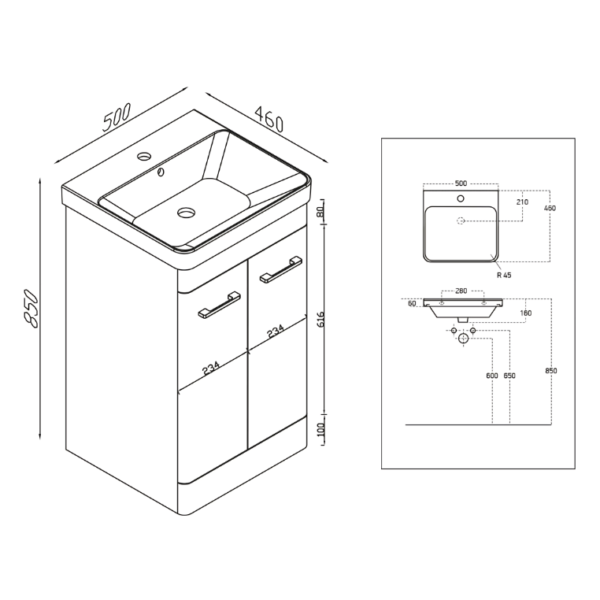 Tossina 500mm Floorstanding Vanity Unit & Basin – White Gloss - Image 3