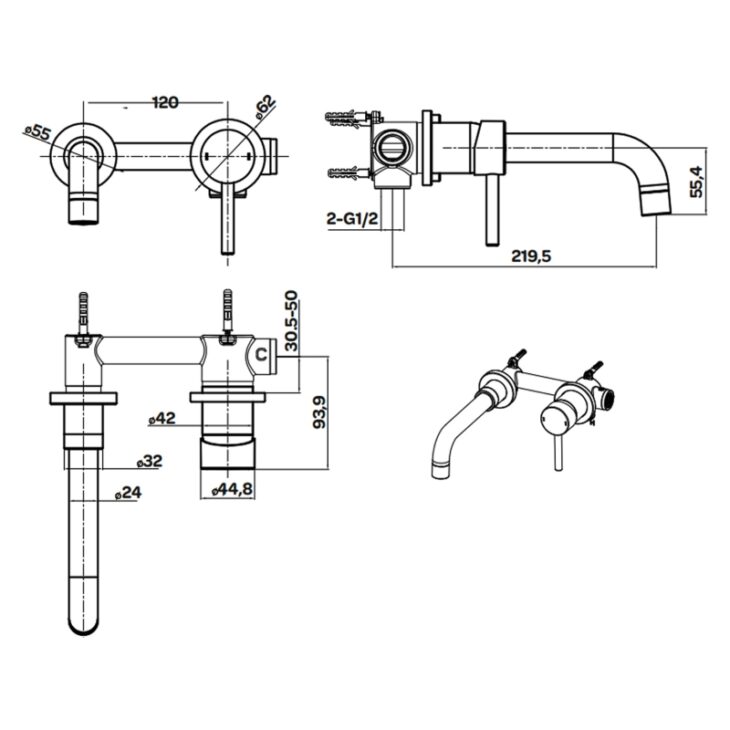 Round Wall Mounted Basin Mixer Tap - Brushed Brass - Image 2