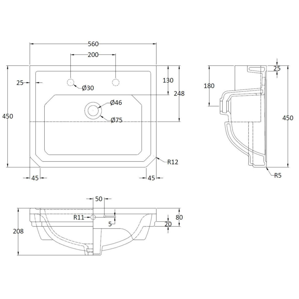560mm Semi Recessed Traditional Basin (2 Tap Hole) NCS808 - Image 2
