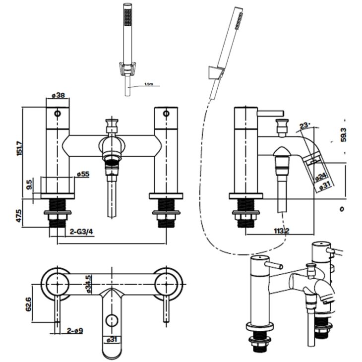 Bath Shower Mixer Tap - Brushed Brass - Image 2