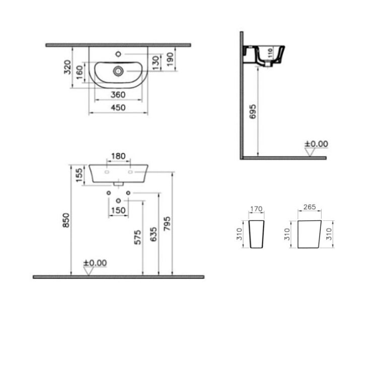 Kartell Eklipse Round Basin with Semi Pedestal 450mm Wide 1 Tap Hole - Image 2