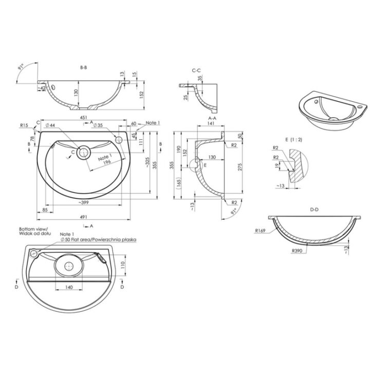Space Saving Semi-Recessed Basin 490mm Wide - 1 Tap Hole - Image 2