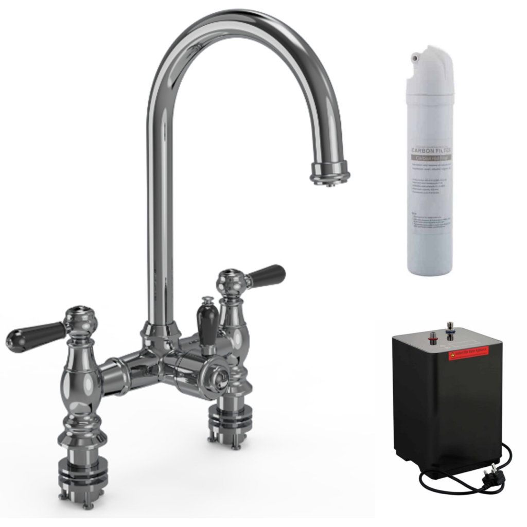 Ellsi Traditional Bridge 3 In1 Hot Water with Boiler and Filter - Black Ceramic Levers - Chrome