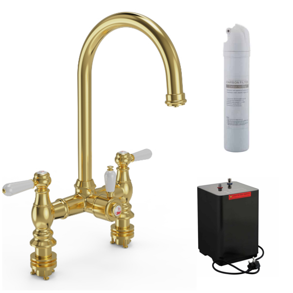 Ellsi Traditional 3 In 1 Hot Water Kitchen Sink Tap with Boiler and Filter - Brushed Brass