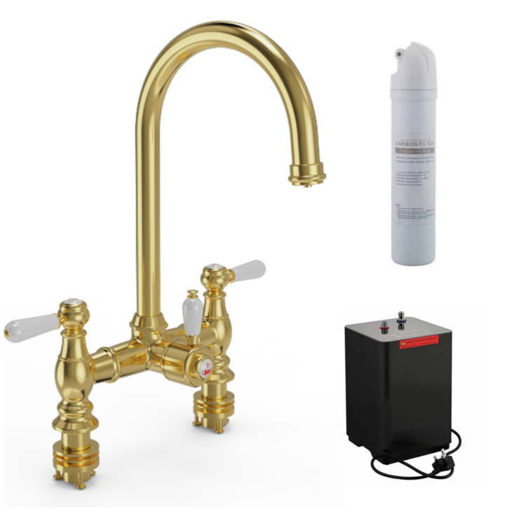 Ellsi Traditional 3 In 1 Hot Water Kitchen Sink Tap with Boiler and Filter - Brushed Brass