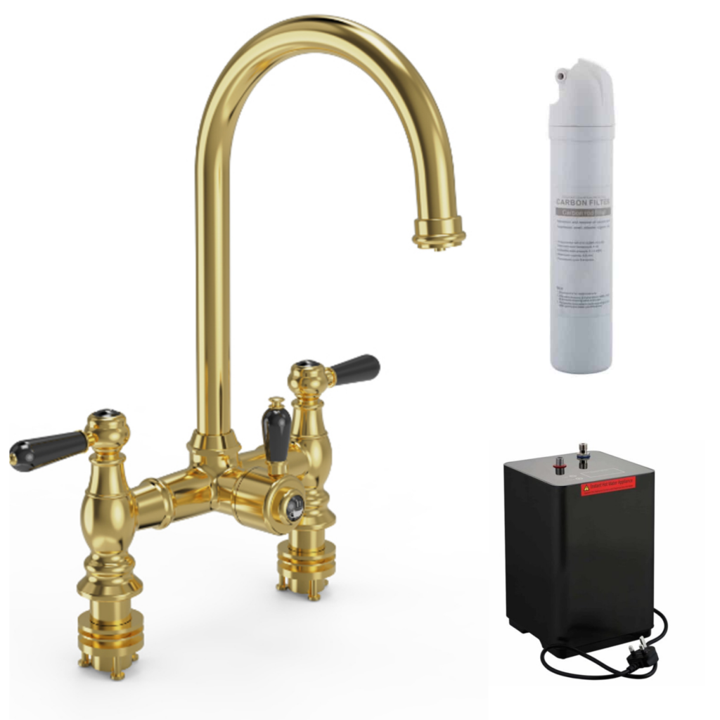 Ellsi Traditional Bridge 3 In1 Hot Water Kitchen Sink Tap - Black Ceramic Levers - Brushed Brass