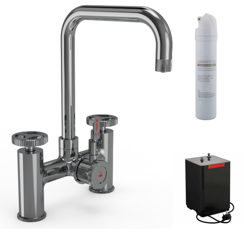 Ellsi Industrial Bridge 3 In 1 Hot Water Kitchen Sink Tap with Boiler and Filter - Chrome