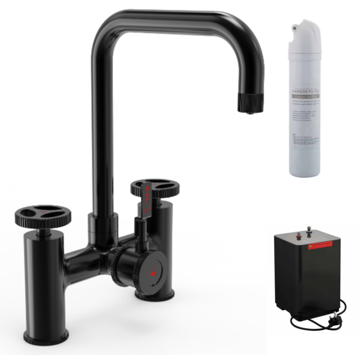 Ellsi Industrial Bridge 3 In 1 Hot Water Kitchen Sink Tap with Boiler and Filter - Matt Black