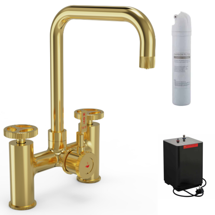 Ellsi Industrial Bridge 3 In 1 Hot Water Kitchen Sink Tap with Boiler and Filter - Brushed Brass