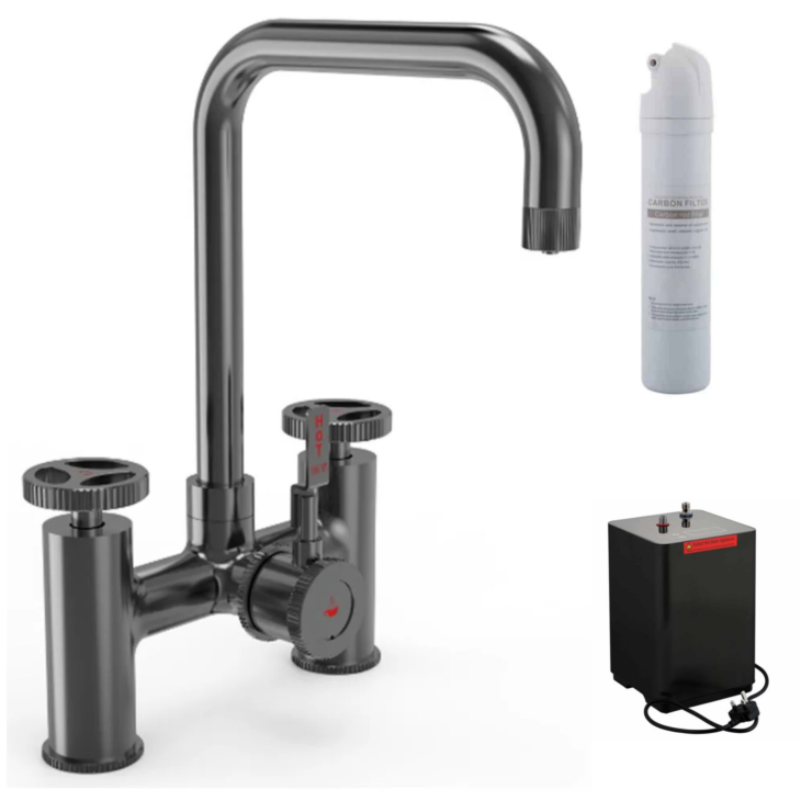 Ellsi 3 in 1 Industrial Bridge Hot Water Kitchen Sink Mixer - Gun Metal