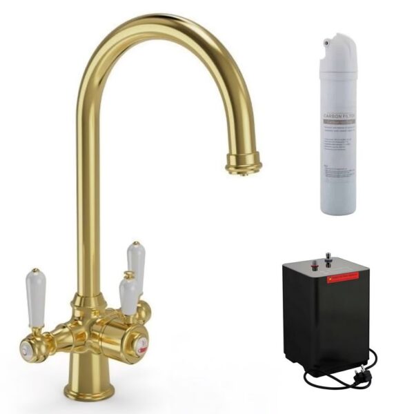 Ellsi 3 in 1 Cruciform Hot Water Kitchen Sink Mixer Brushed Brass/White