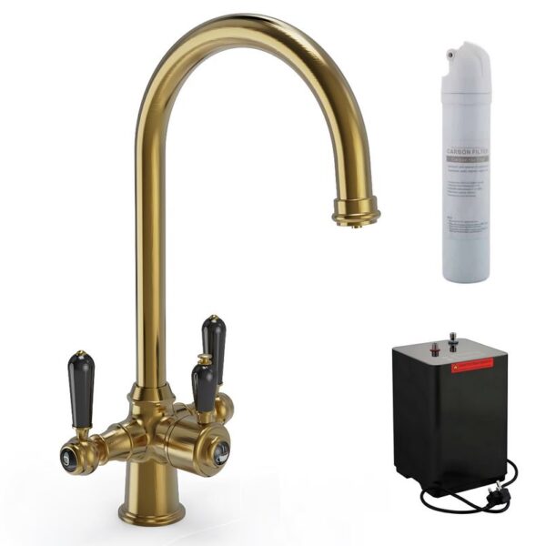 Ellsi Traditional 3-in-1 Boiling Water Tap with Ceramic Black Handles - Brushed Brass