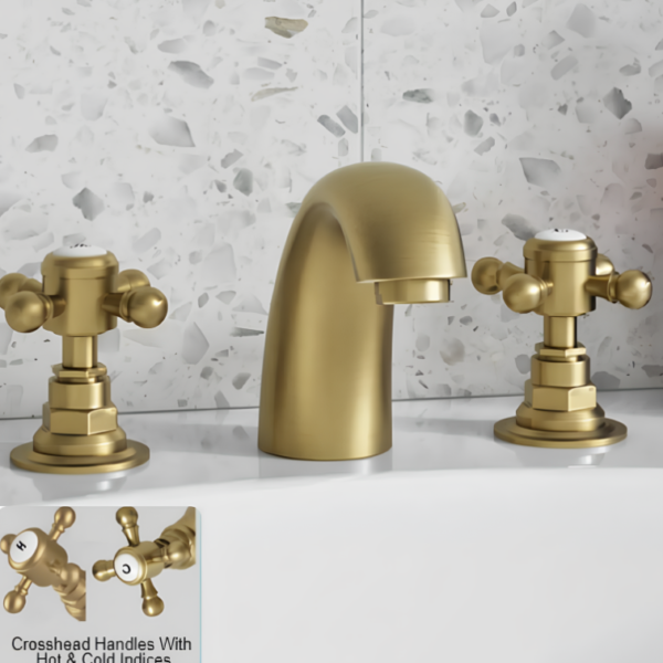 Sognare Traditional 3 Hole Basin Mixer Tap - Brushed Brass - Image 3