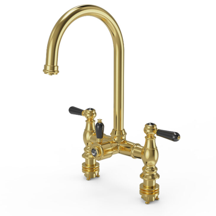 Ellsi Traditional Bridge 3 In1 Hot Water Kitchen Sink Tap - Black Ceramic Levers - Brushed Brass - Image 3