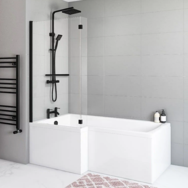 Titan L-Shape Shower Bath with Black Bath Screen – Left/Right-Handed – 1500mm to 1800mm