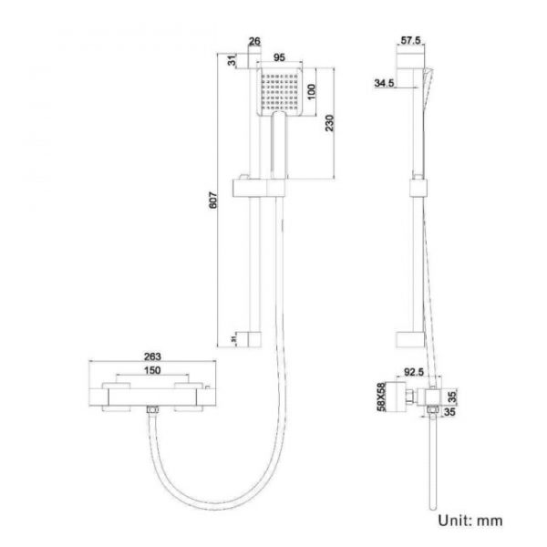Square Matt Black Thermostatic Bar With Shower Slider Kit - Image 3