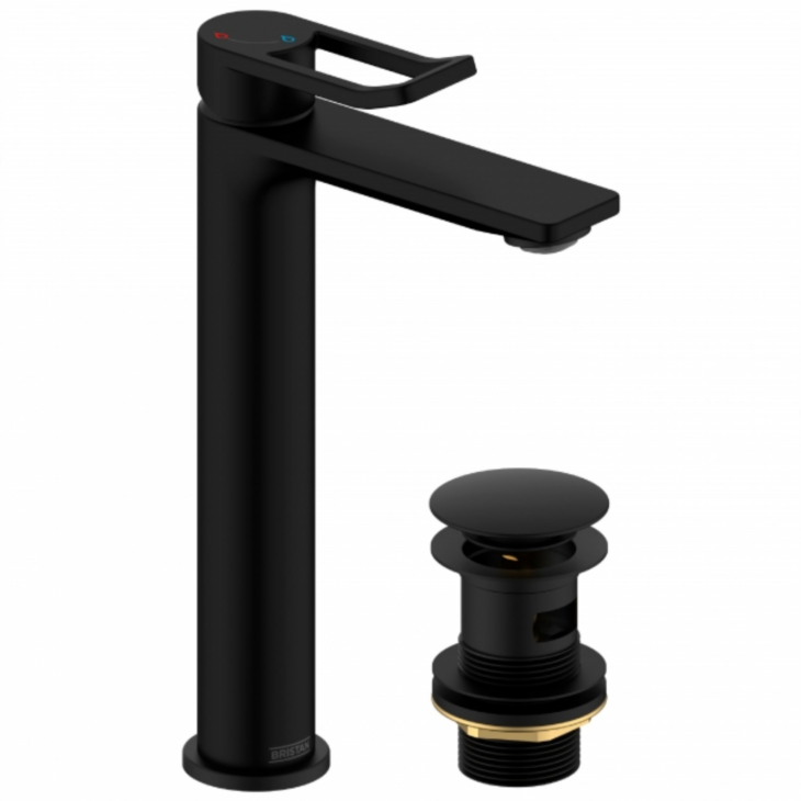 Bristan Saffron Eco Start Tall Basin Mixer Tap with Clicker Waste - Black